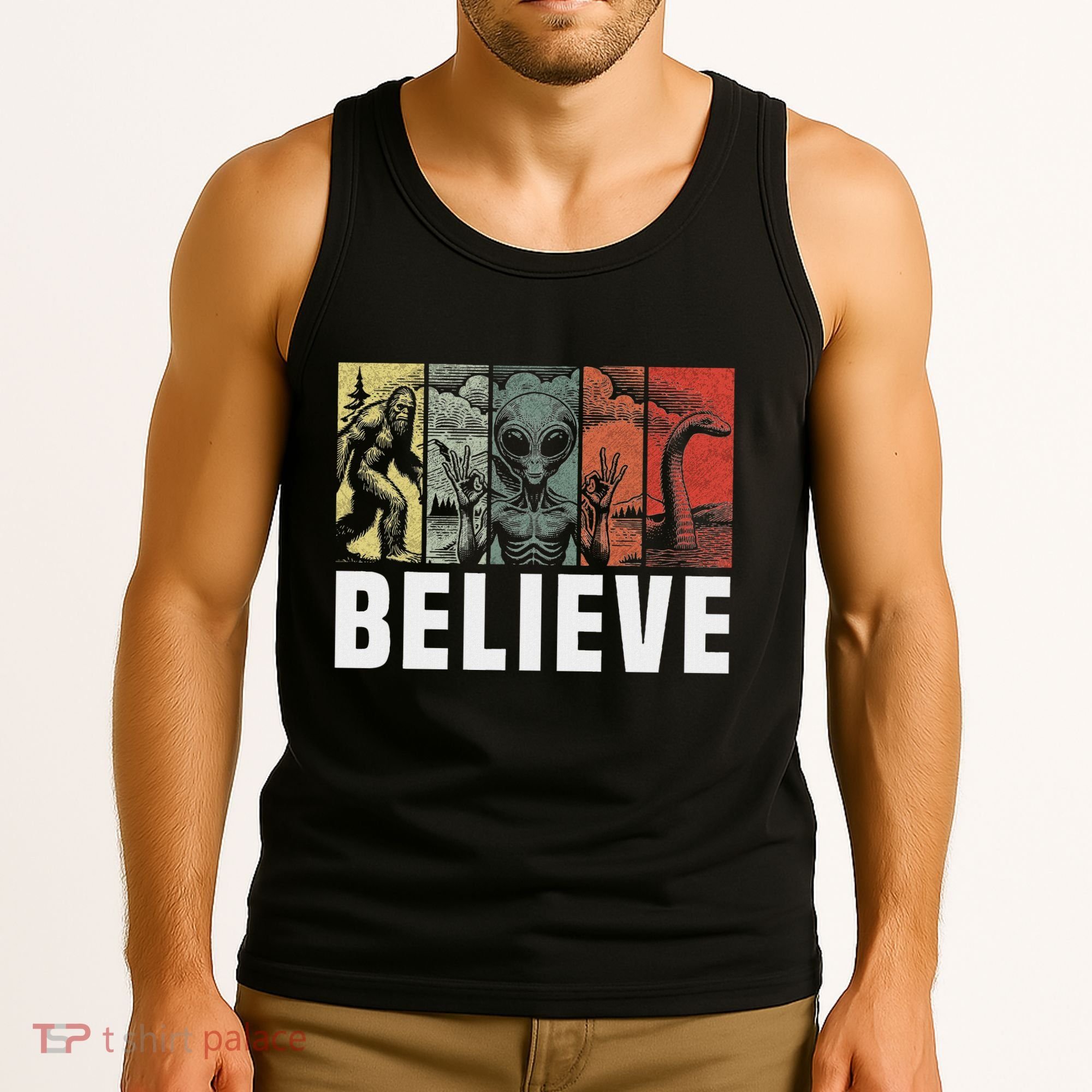 Believe Bigfoot Alien Loch Ness Monster Funny Retro Cryptids Tank Top