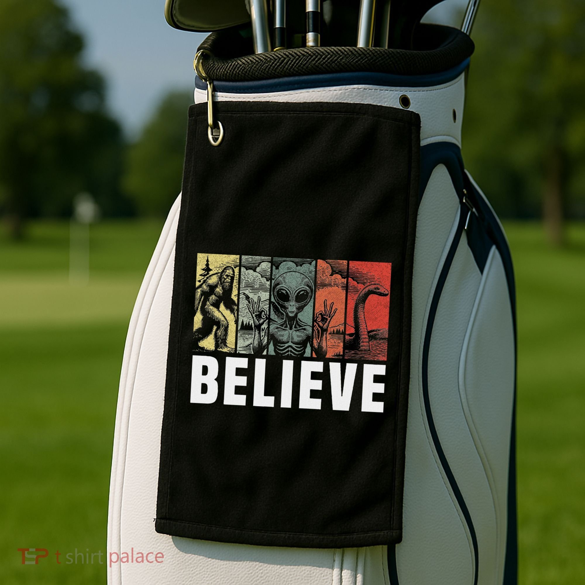 Believe Bigfoot Alien Loch Ness Monster Funny Retro Cryptids Golf Towel