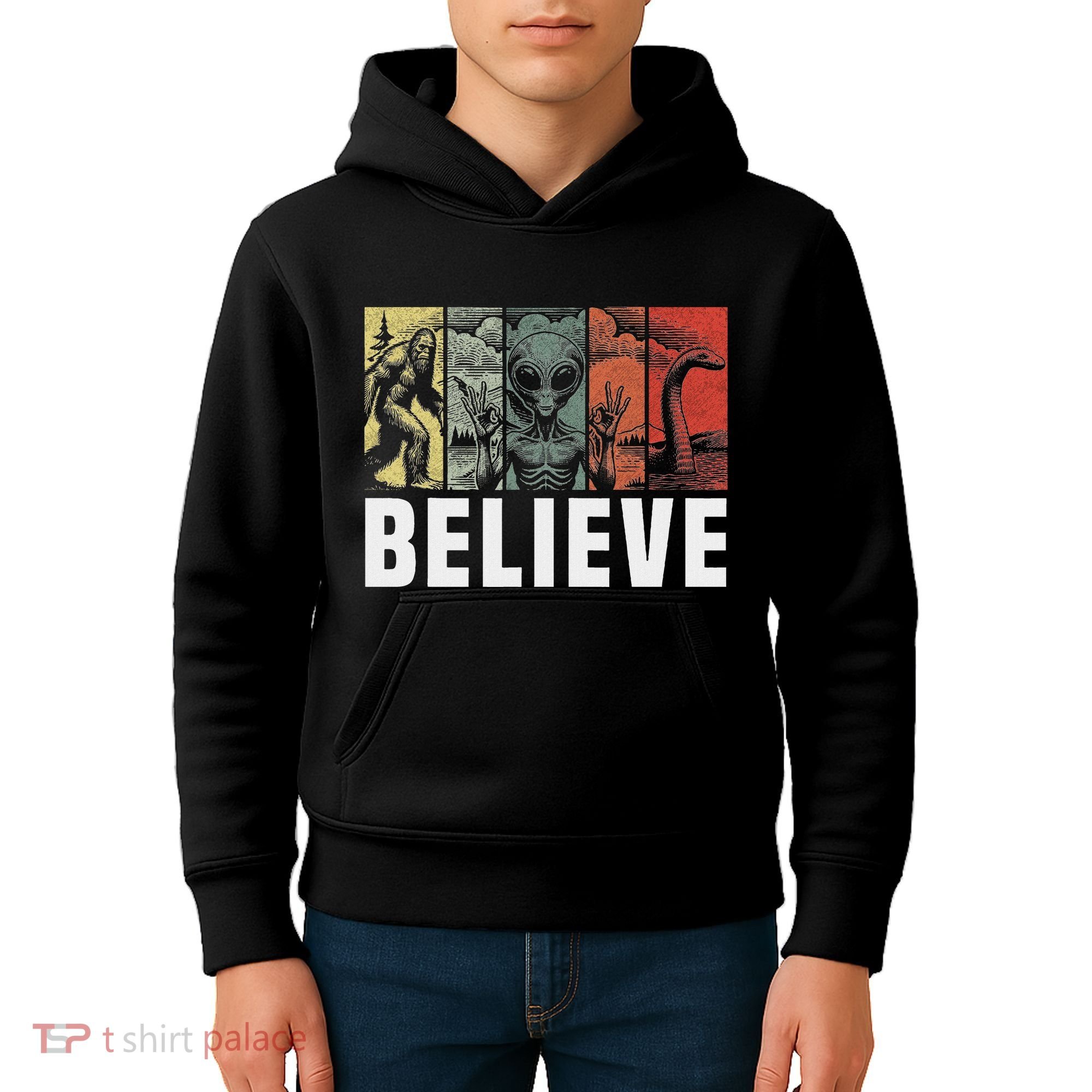 Believe Bigfoot Alien Loch Ness Monster Funny Retro Cryptids Kids Hoodie