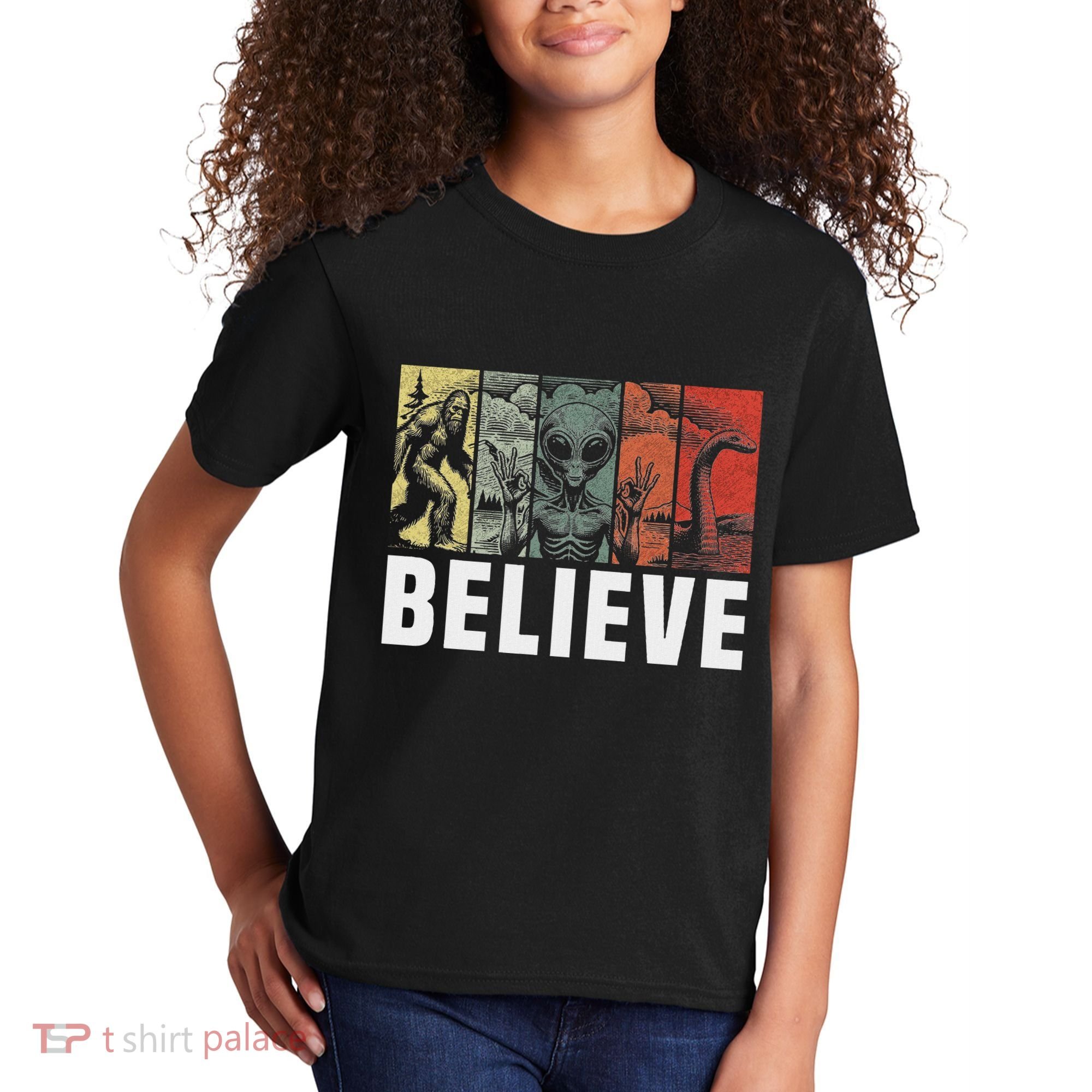 Believe Bigfoot Alien Loch Ness Monster Funny Retro Cryptids Kids T-Shirt