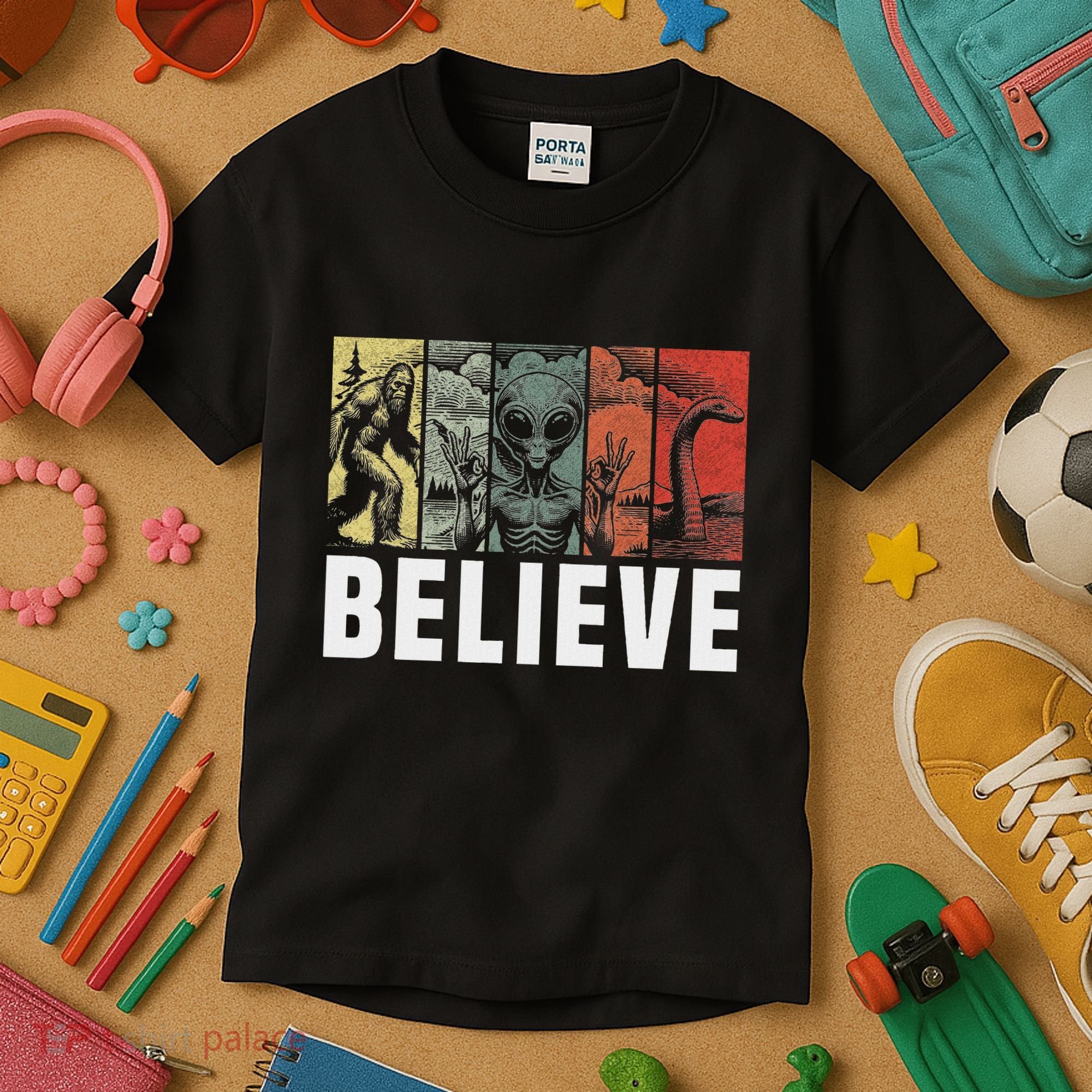 Believe Bigfoot Alien Loch Ness Monster Funny Retro Cryptids Kids T-Shirt