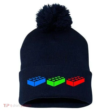 Building Blocks Bricks Master Builder Engineer Construction Pom Pom 12in Knit Beanie