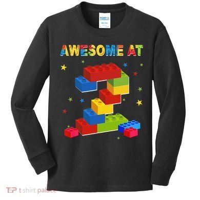 Building Blocks Bricks 2 Years Old Awesome 2nd Birthday Kids Long Sleeve Shirt