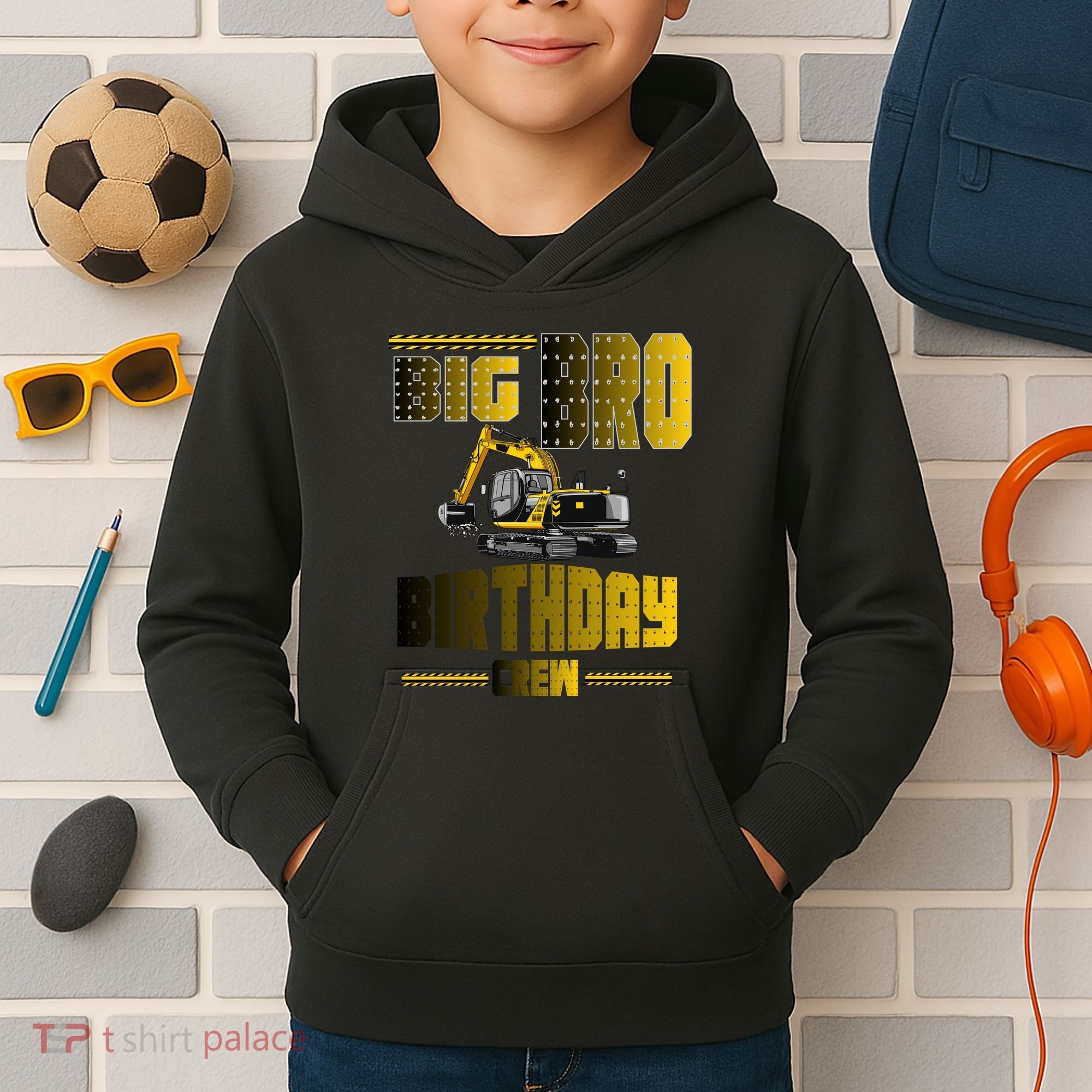 Big Bro Brother Birthday Crew Party Excavator Kids Hoodie