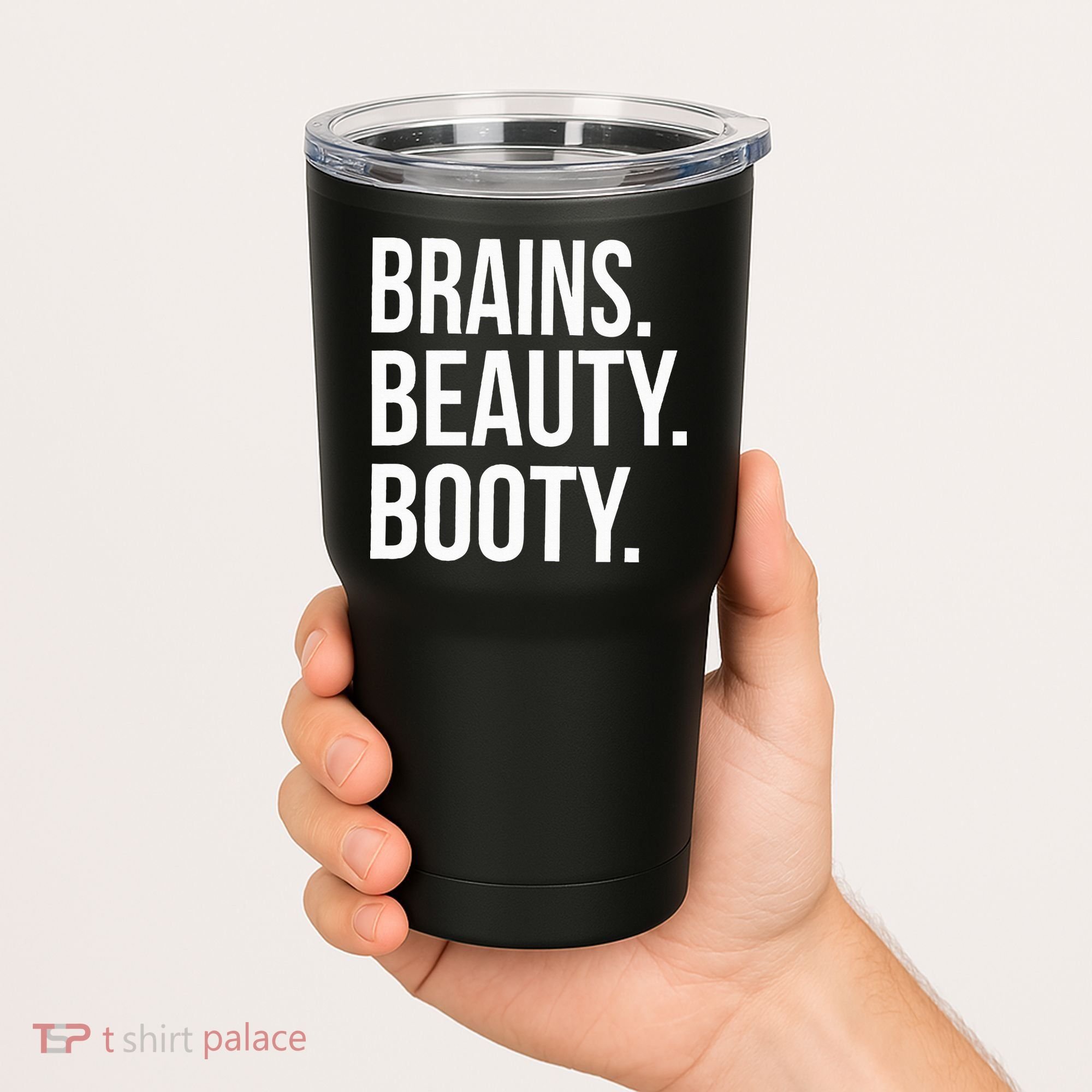 Brains. Beauty. Booty. Cute Funny Workout Tumbler