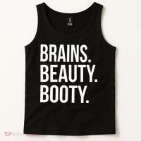 Brains. Beauty. Booty. Cute Funny Workout Tank Top thumb 2