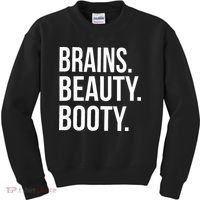Brains. Beauty. Booty. Cute Funny Workout Kids Sweatshirt thumb 0