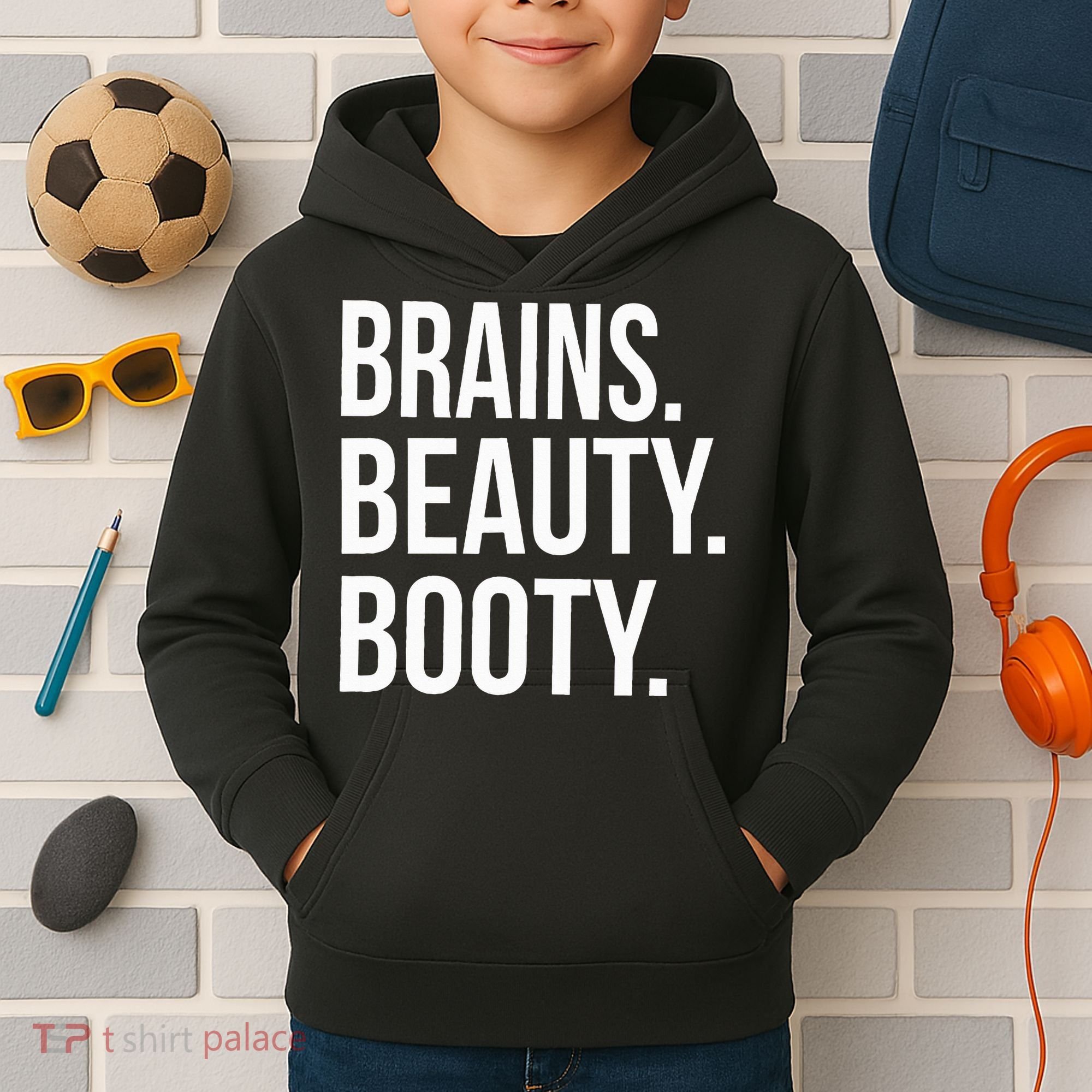 Brains. Beauty. Booty. Cute Funny Workout Kids Hoodie