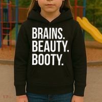 Brains. Beauty. Booty. Cute Funny Workout Kids Hoodie thumb 3