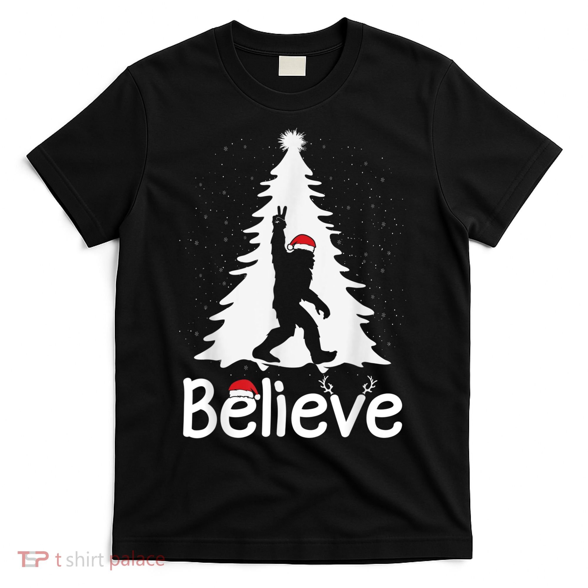 Believe Bigfoot Christmas Yetti Funny Xmas Tree Sasquatch T-Shirt