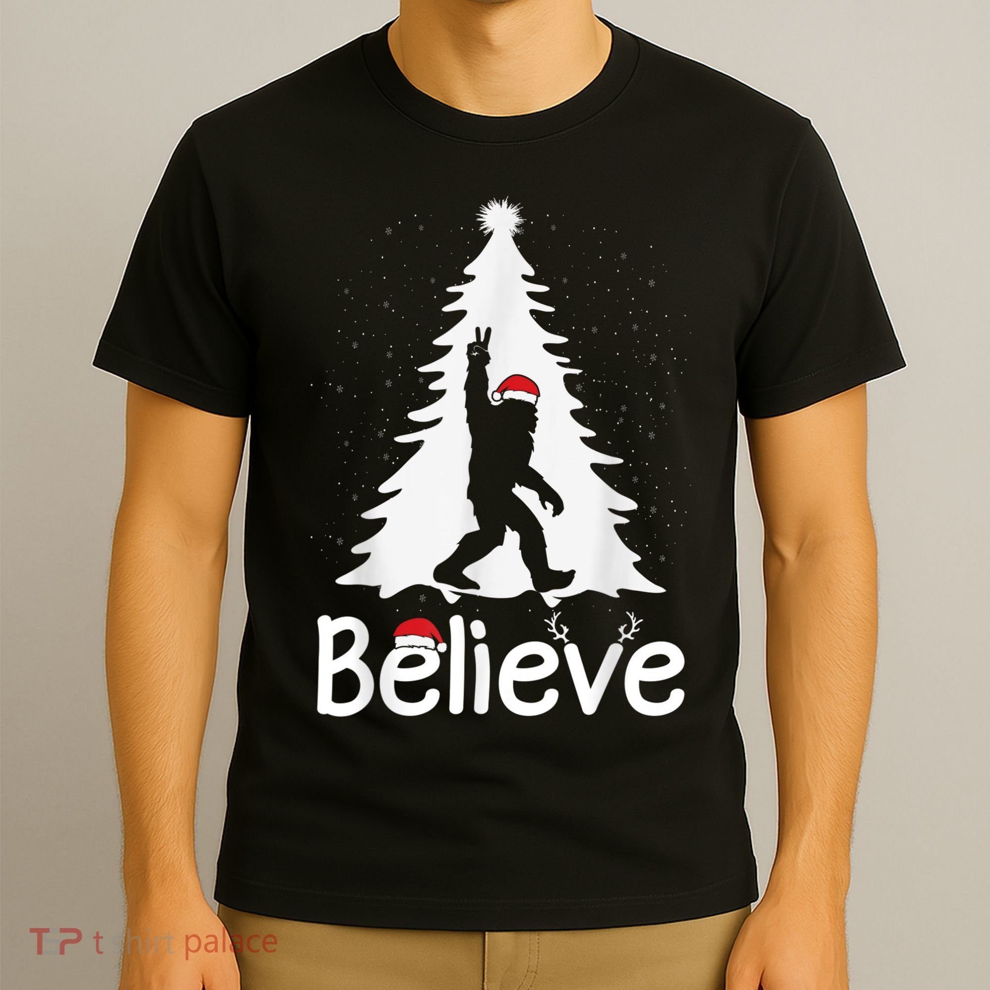 Believe Bigfoot Christmas Yetti Funny Xmas Tree Sasquatch T-Shirt