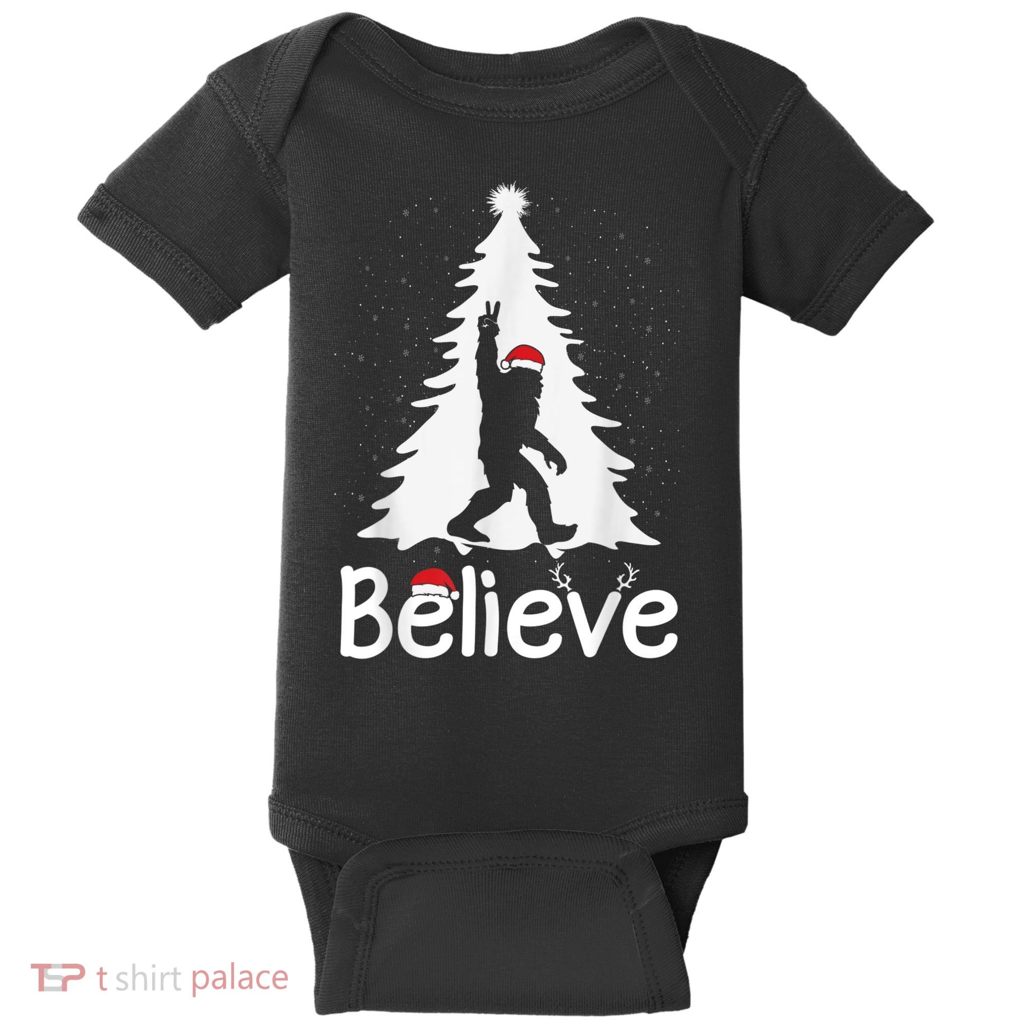 Believe Bigfoot Christmas Yetti Funny Xmas Tree Sasquatch Baby Bodysuit