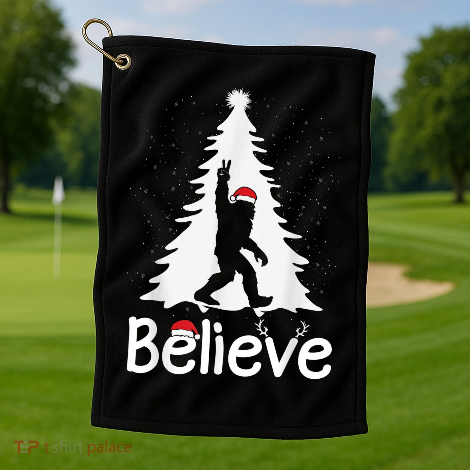 Believe Bigfoot Christmas Yetti Funny Xmas Tree Sasquatch Golf Towel