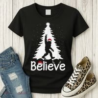 Believe Bigfoot Christmas Yetti Funny Xmas Tree Sasquatch Women's T-Shirt thumb 3