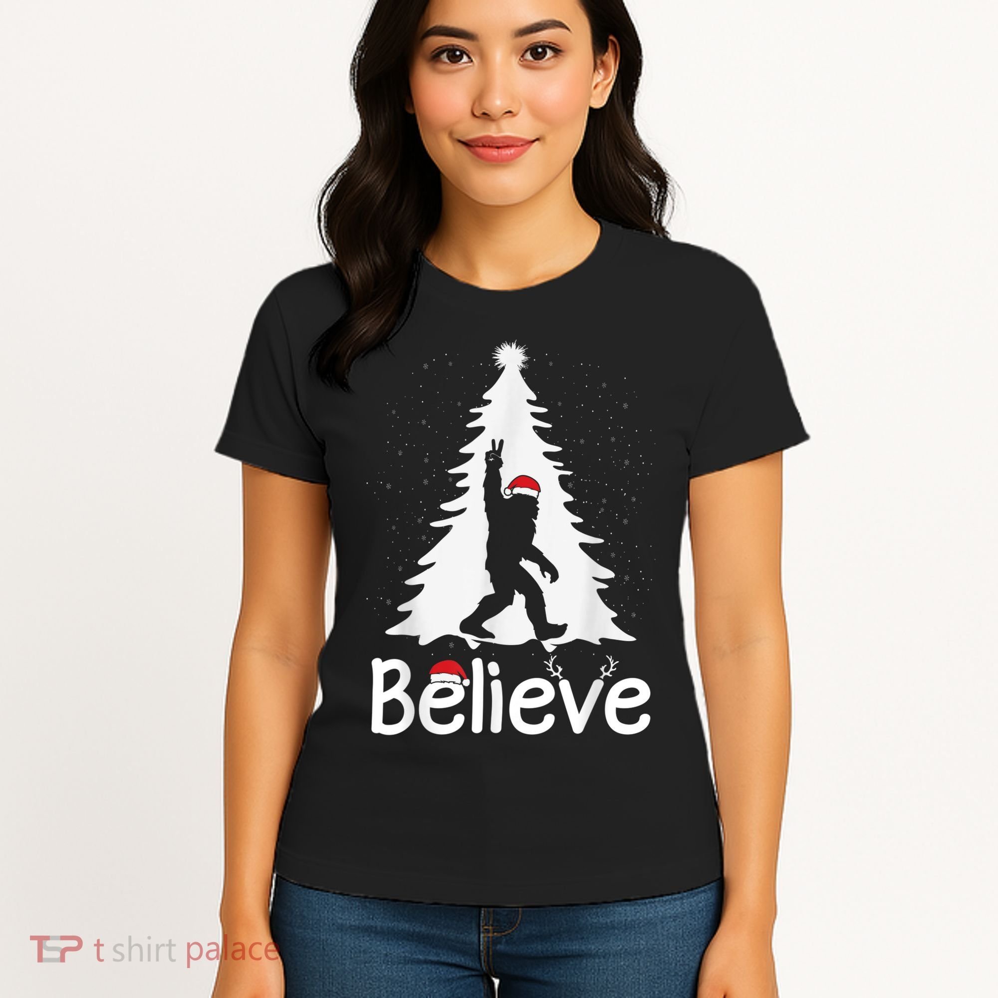 Believe Bigfoot Christmas Yetti Funny Xmas Tree Sasquatch Women's T-Shirt