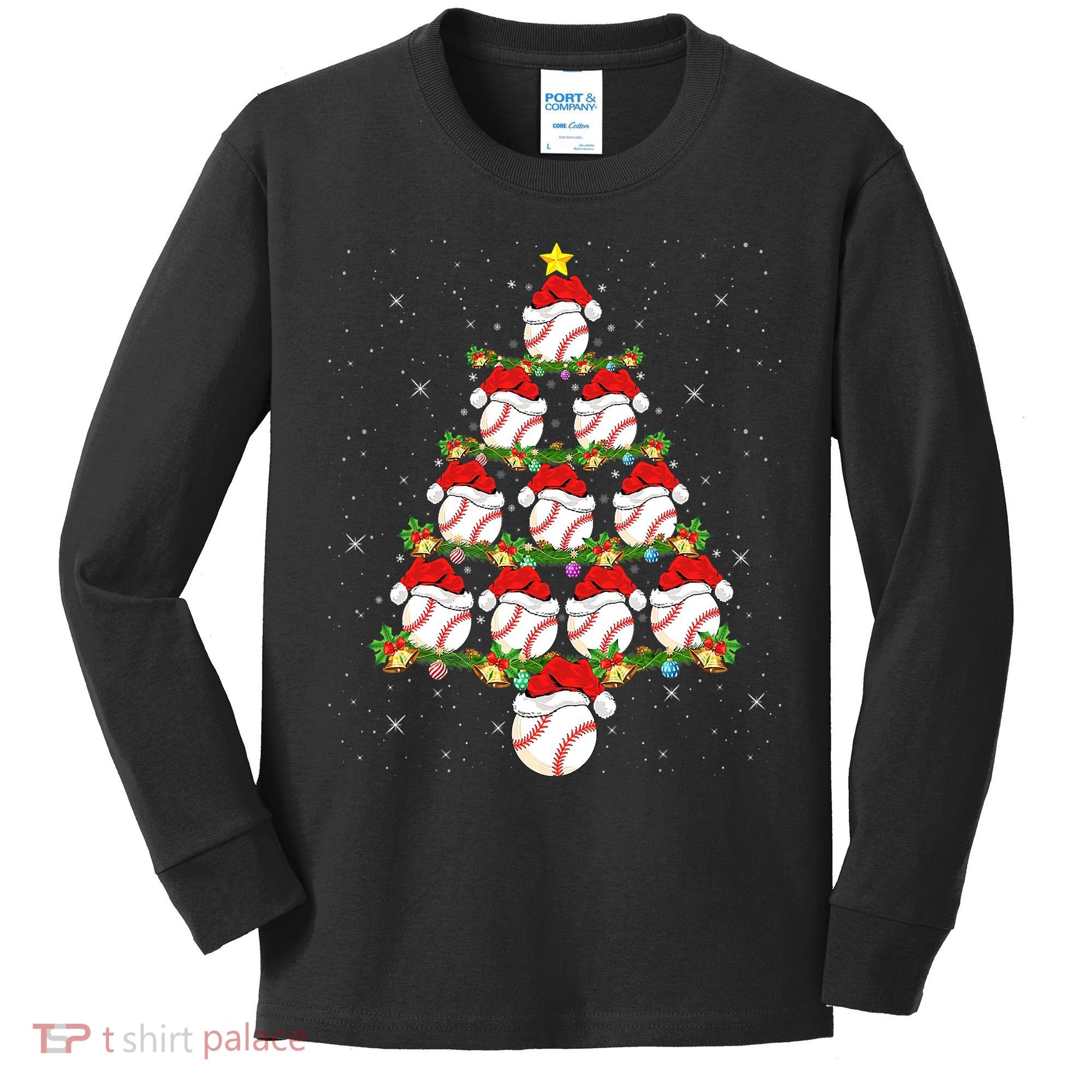 Baseball Ball Christmas Santa Love Lights Xmas Boys Kids Long Sleeve Shirt
