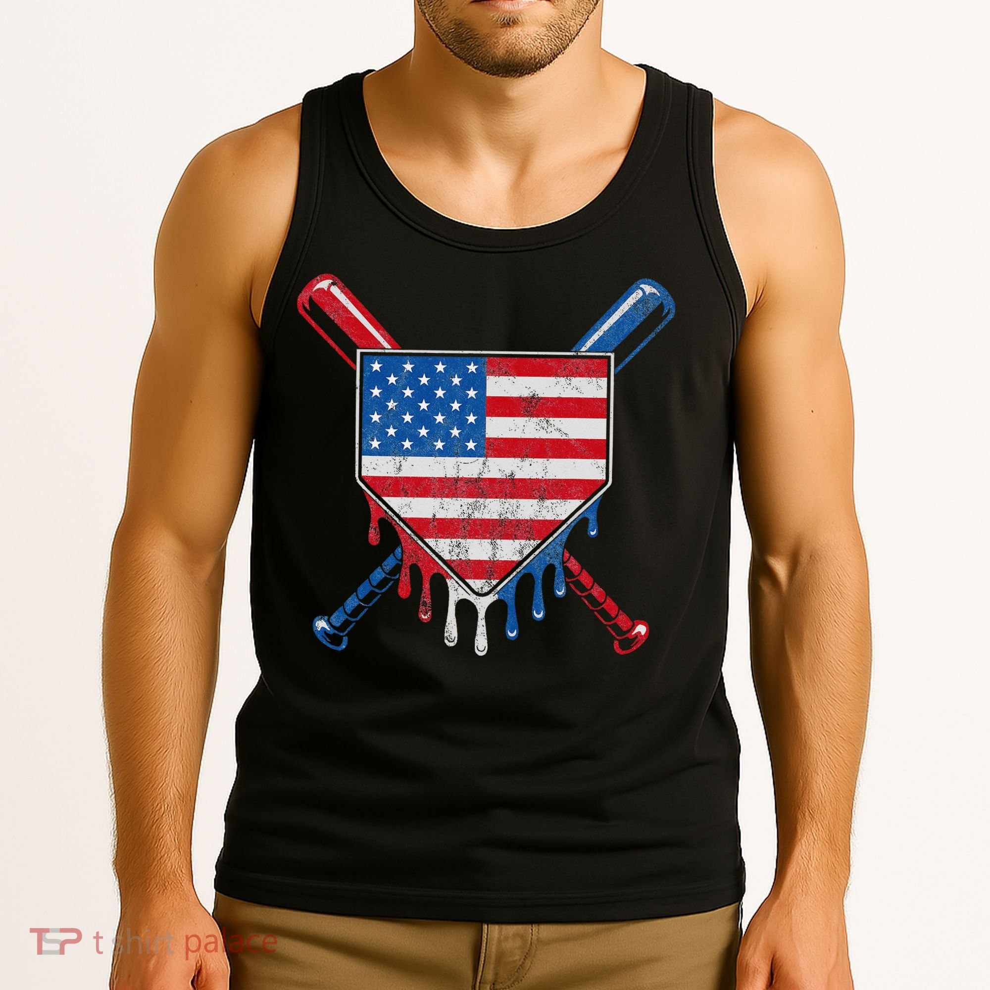 Baseball Bat Drip Ice Cream Patriotic American Flag Drip Tank Top