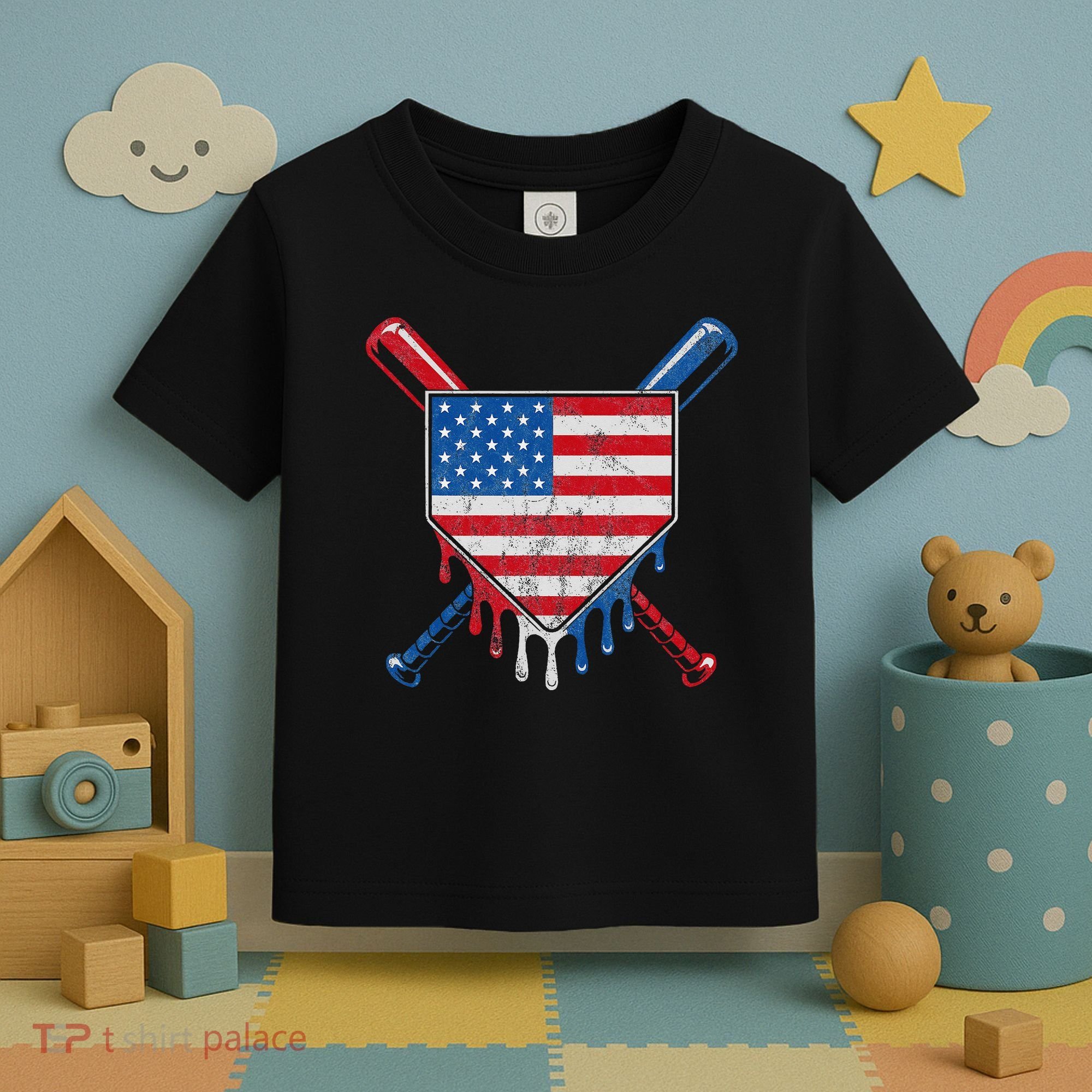 Baseball Bat Drip Ice Cream Patriotic American Flag Drip Toddler T-Shirt