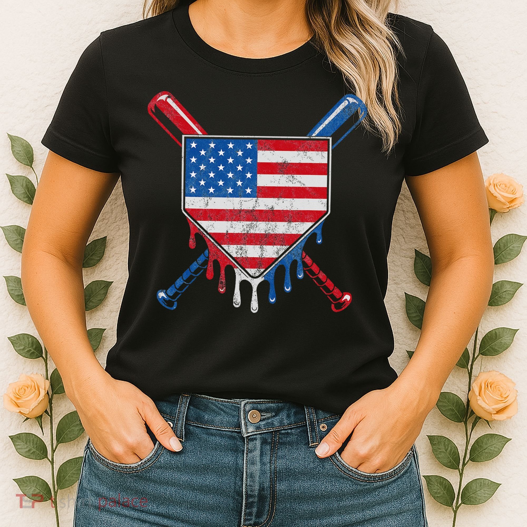 Baseball Bat Drip Ice Cream Patriotic American Flag Drip Women's T-Shirt