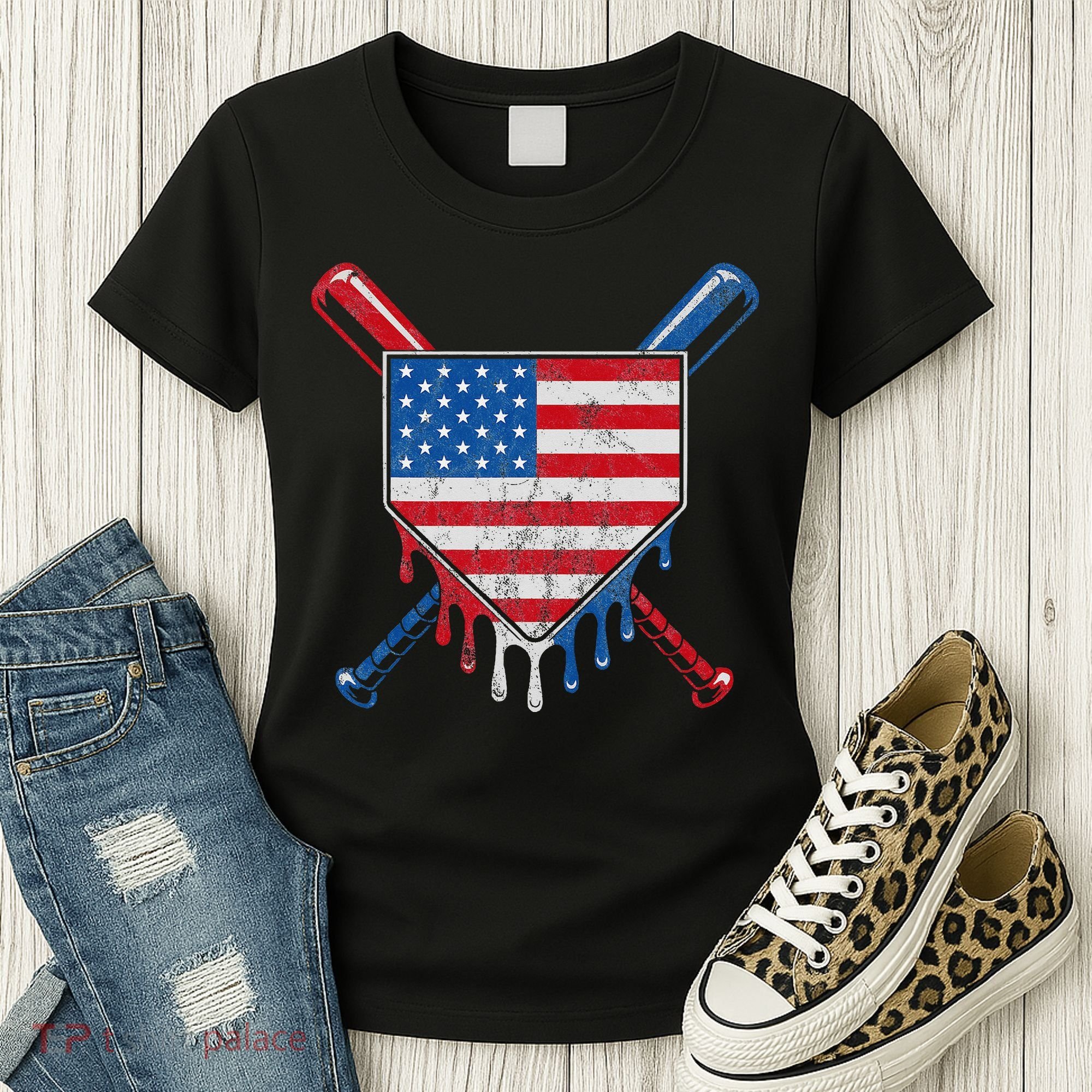 Baseball Bat Drip Ice Cream Patriotic American Flag Drip Women's T-Shirt