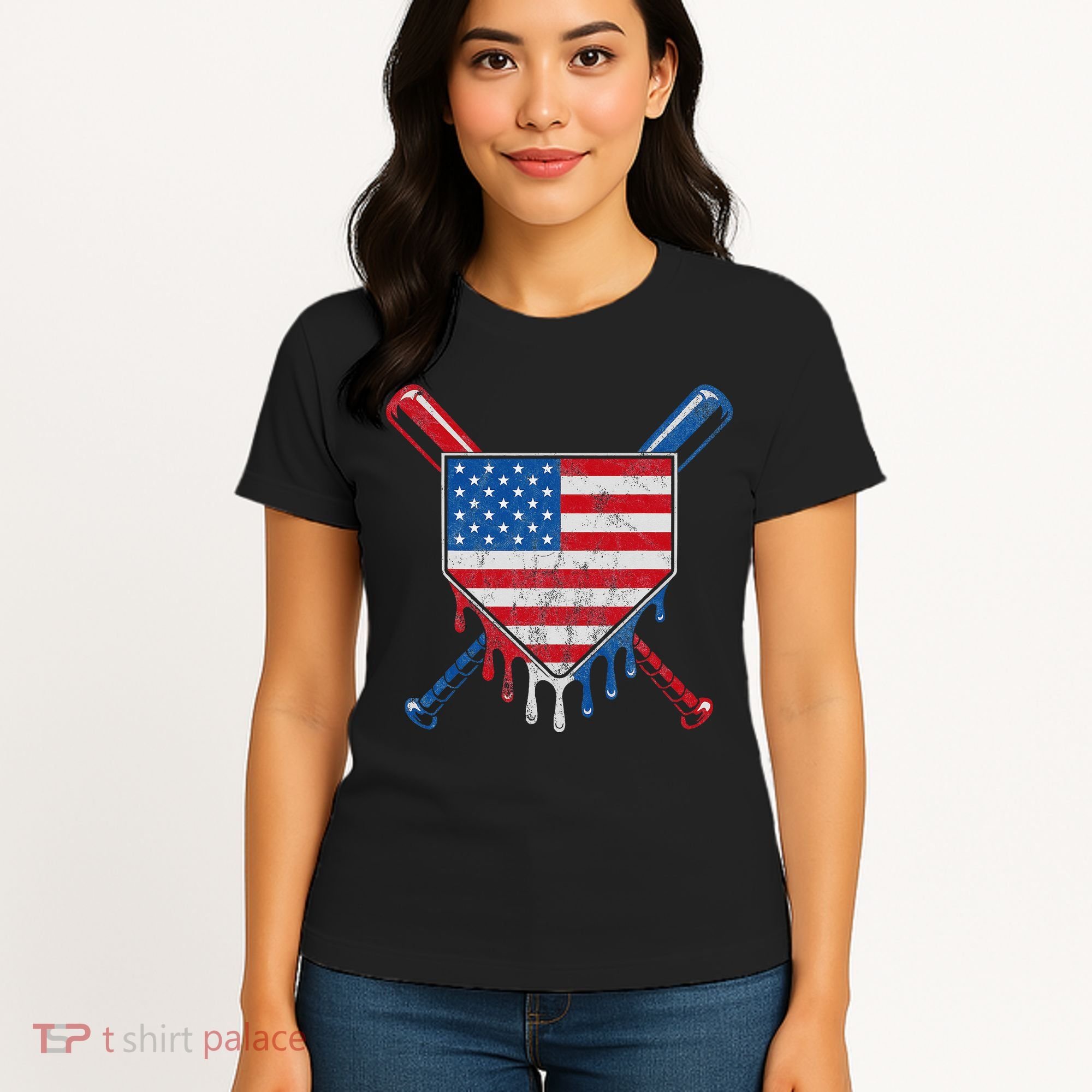 Baseball Bat Drip Ice Cream Patriotic American Flag Drip Women's T-Shirt