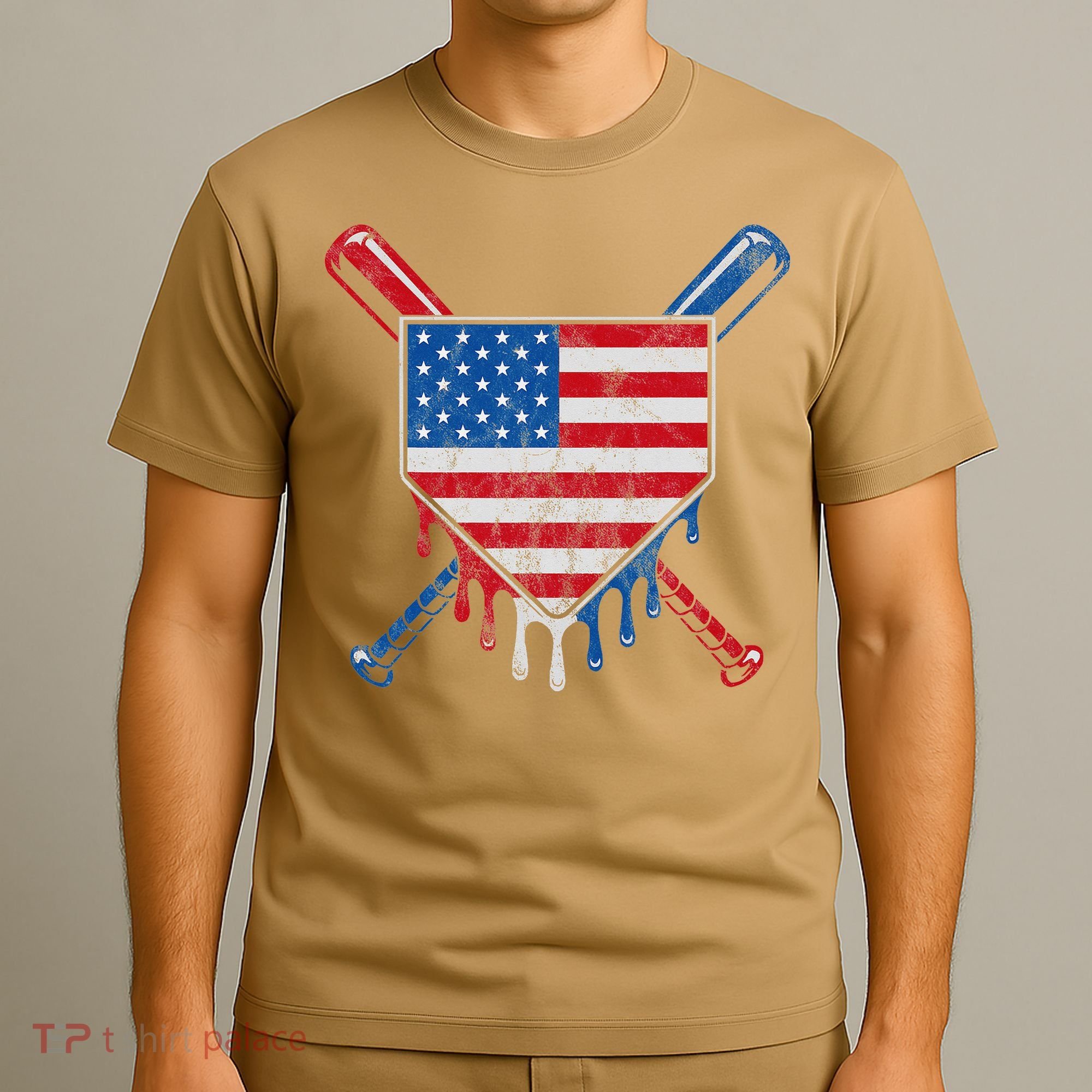 Baseball Bat Drip Ice Cream Patriotic American Flag Drip T-Shirt