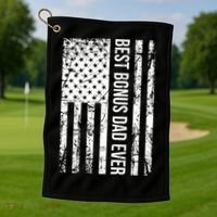 Best Bonus Dad Ever For Stepdad American Flag Dad Funny Gift Golf Towel thumb 1