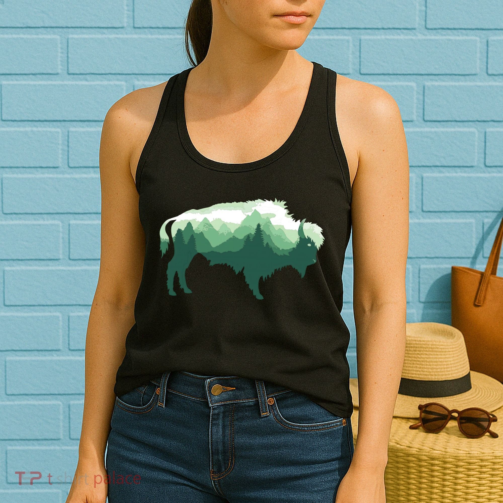 Bison Buffalo Double Exposure Surreal Wildlife Native Animal Women's Tank Top