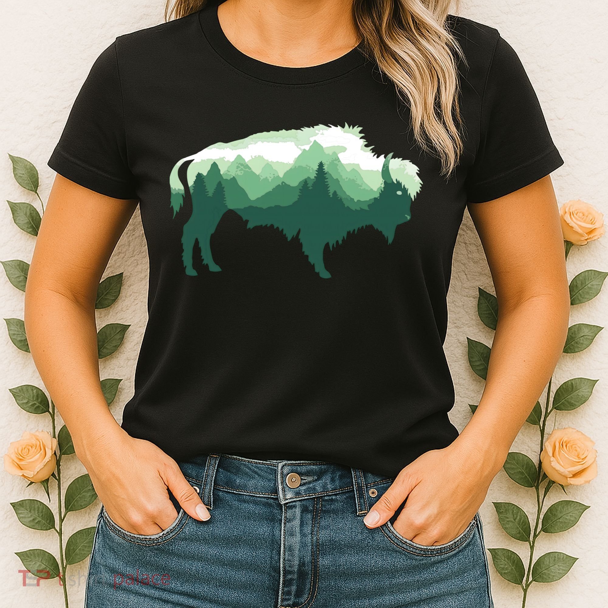 Bison Buffalo Double Exposure Surreal Wildlife Native Animal Women's T-Shirt