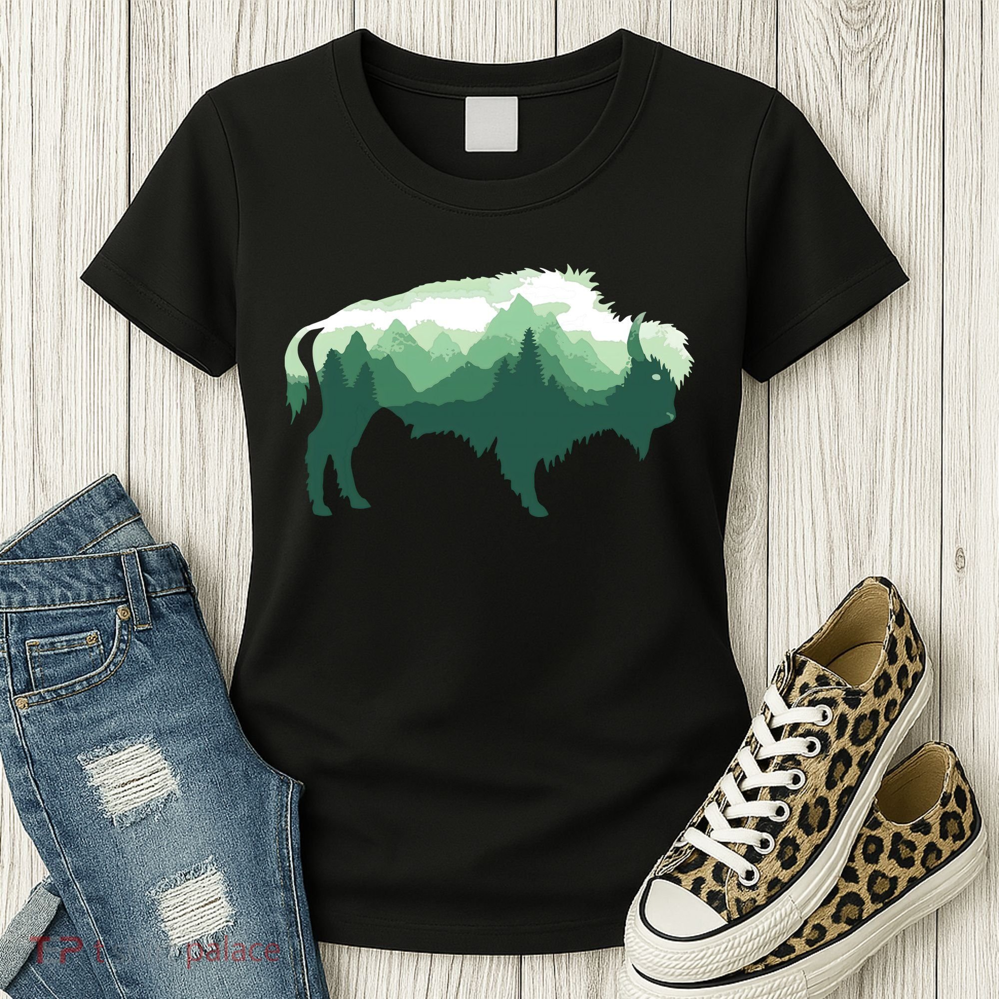 Bison Buffalo Double Exposure Surreal Wildlife Native Animal Women's T-Shirt