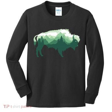 Bison Buffalo Double Exposure Surreal Wildlife Native Animal Kids Long Sleeve Shirt