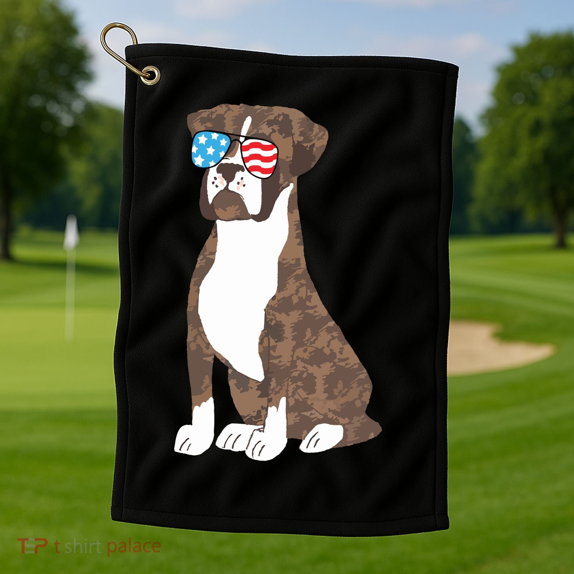 Brindle Boxer Dog Lovers July 4th Patriotic USA Sunglasses Golf Towel