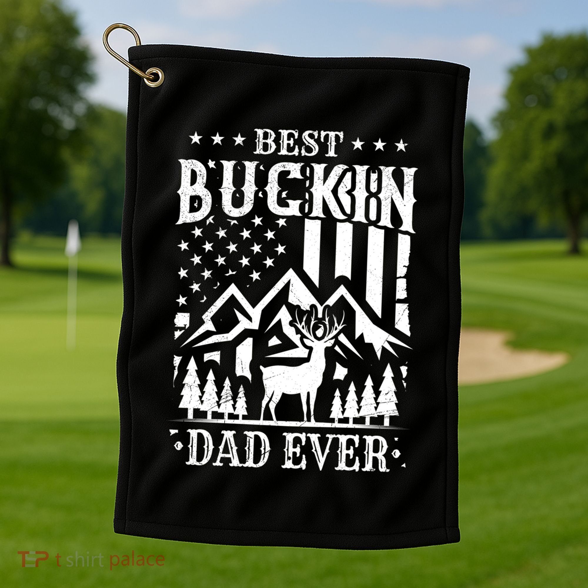 Best Buckin Dad Funny Hunter Father American Flag Gift Golf Towel