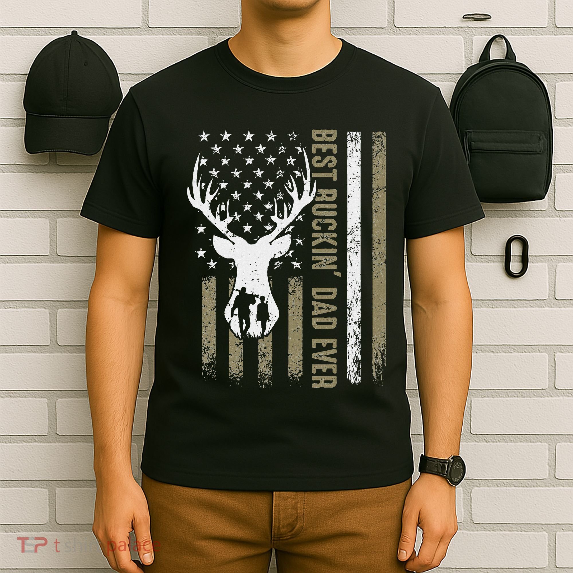 Best Buckin Dad Ever Deer Hunting Fathers Day American Flag T-Shirt