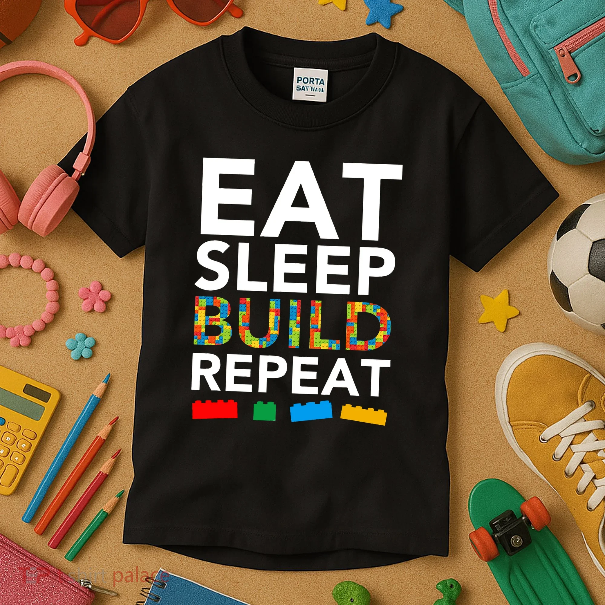 Building Blocks Eat Sleep Build Repeat Kids T-Shirt