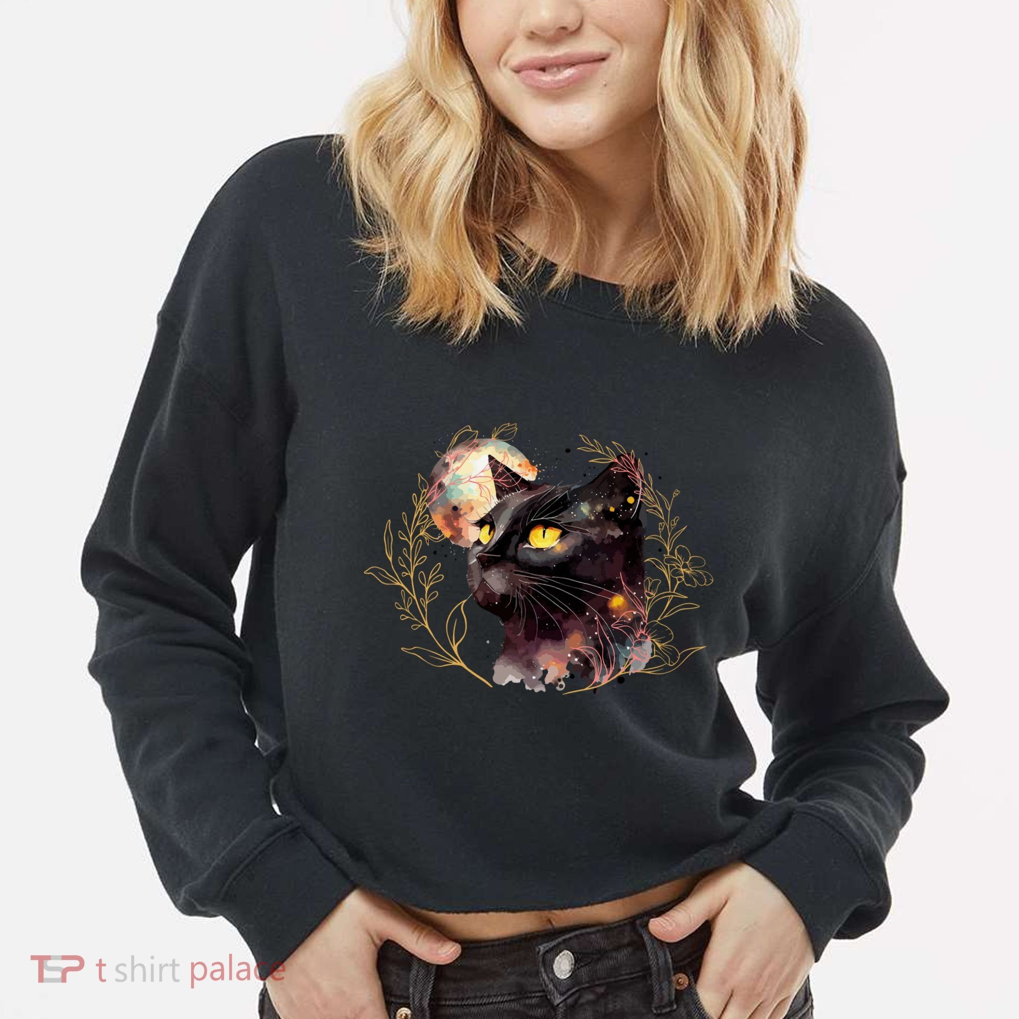 Beautiful Boho Floral Cat Cropped Pullover Crew