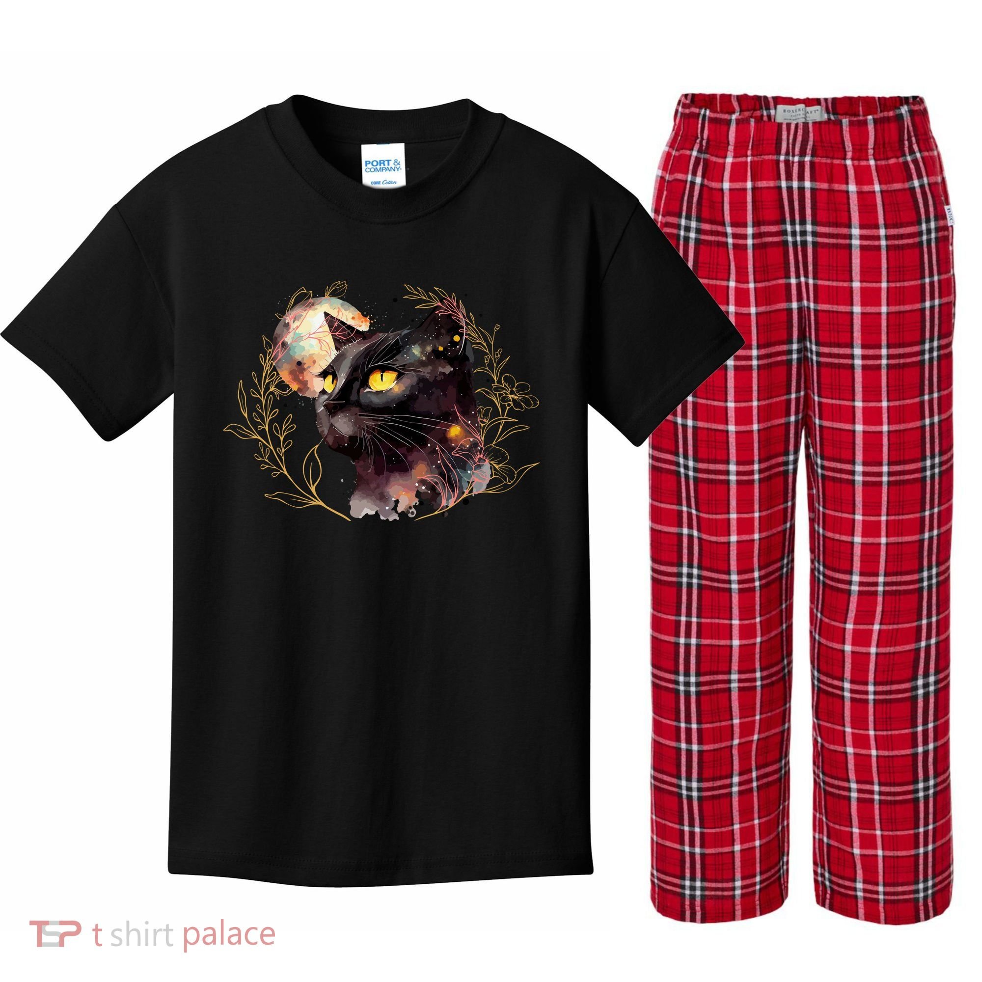 Beautiful Boho Floral Cat Kids Plaid Pajama Set