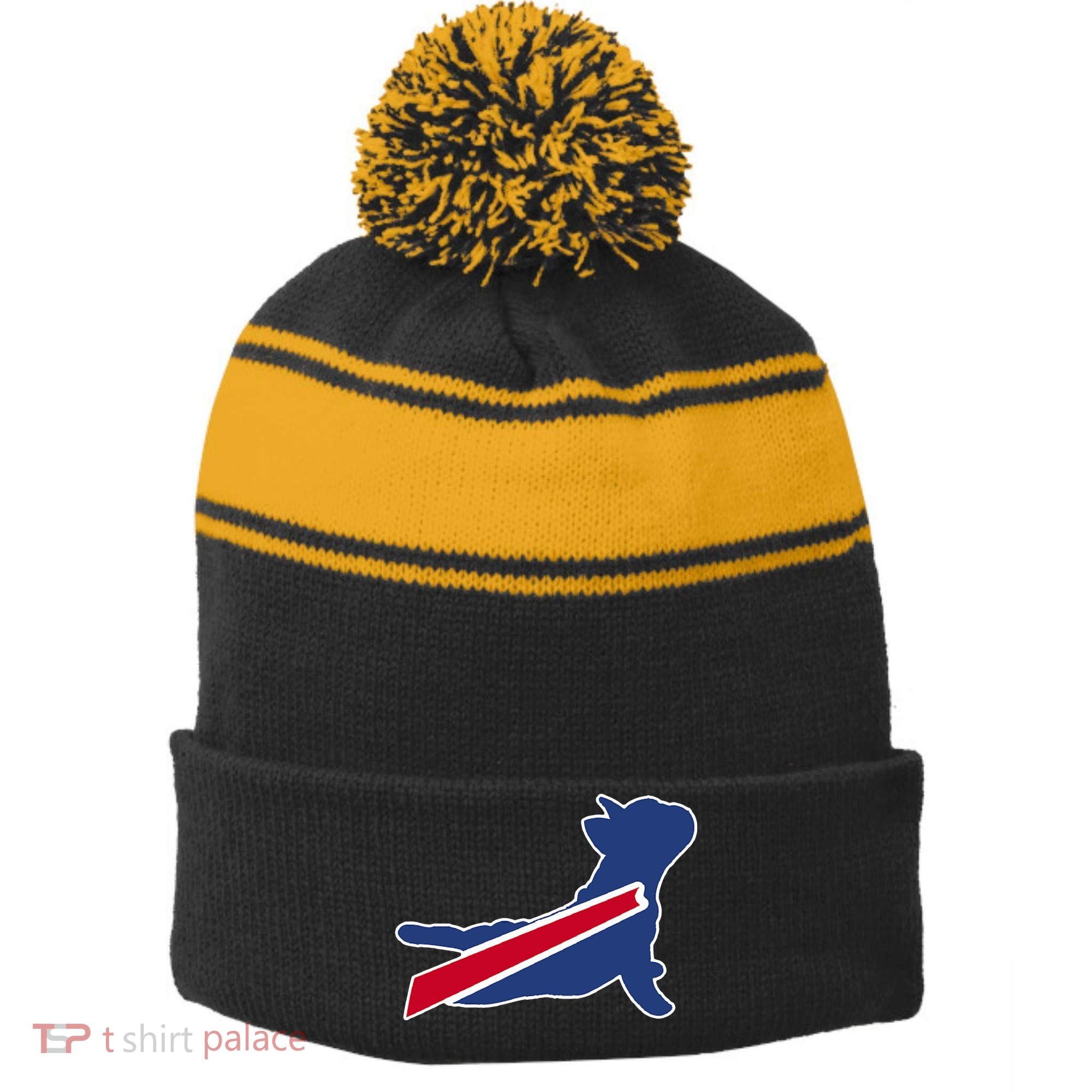 Buffalo French Bulldog Stripe Pom Pom Beanie