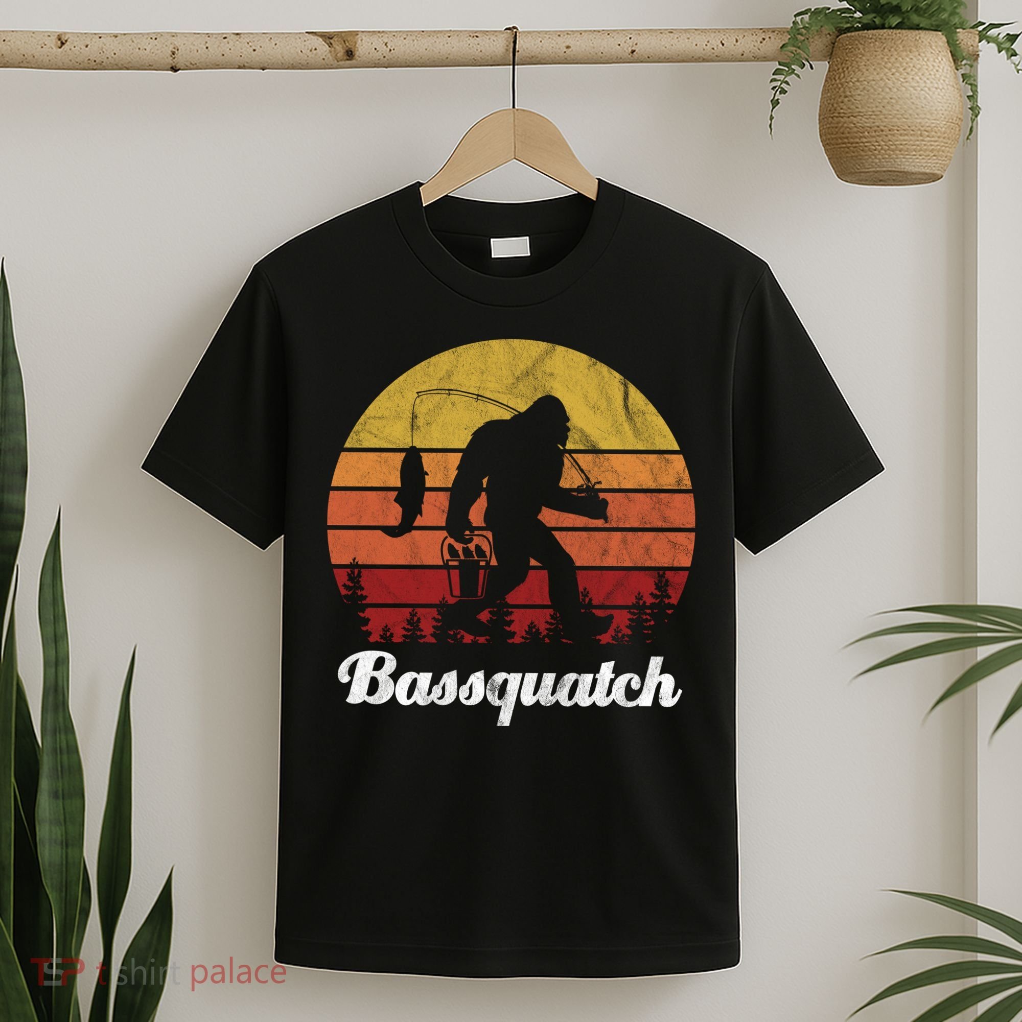 Bassquatch Bigfoot Fishing Outdoor Retro Sunset T-Shirt