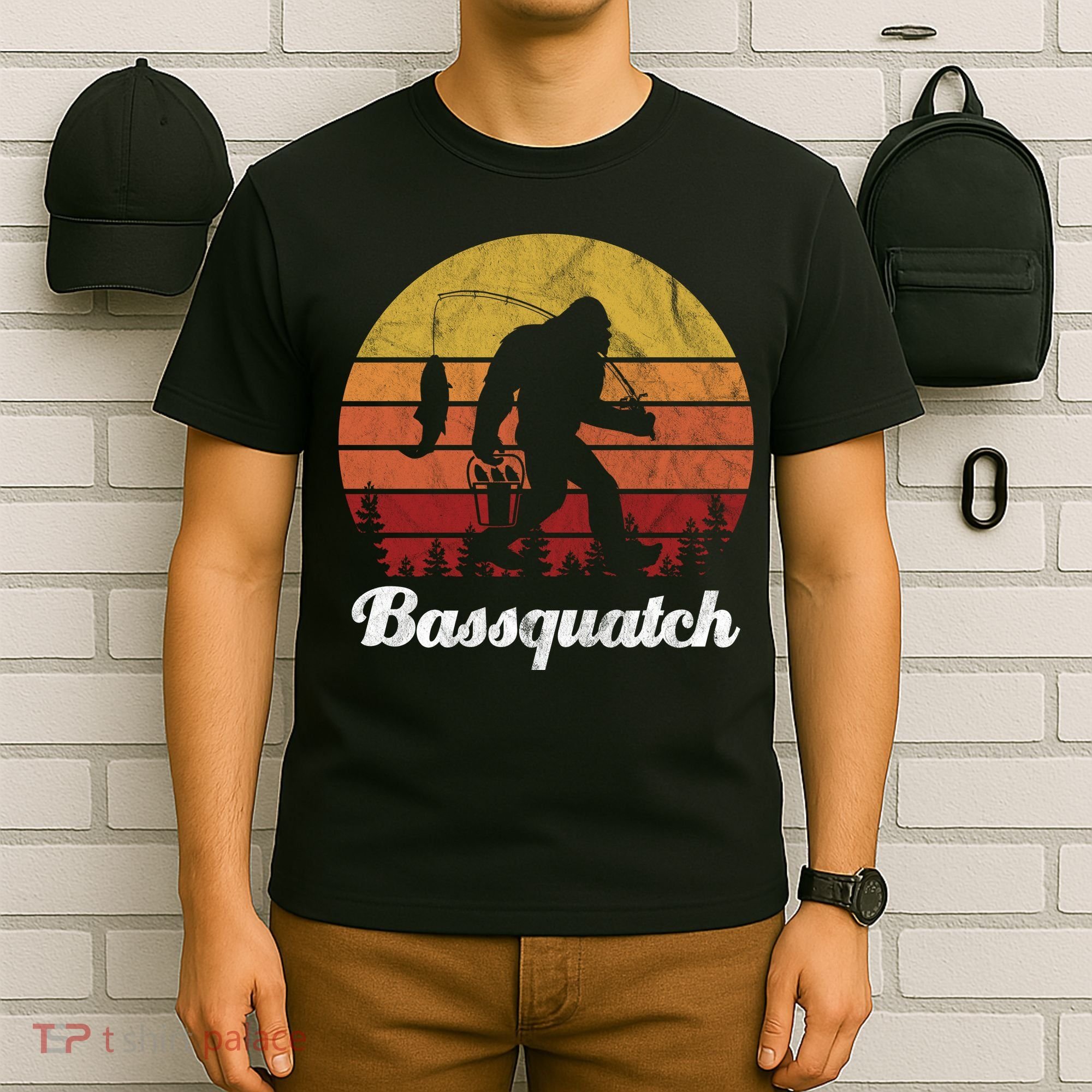 Bassquatch Bigfoot Fishing Outdoor Retro Sunset T-Shirt