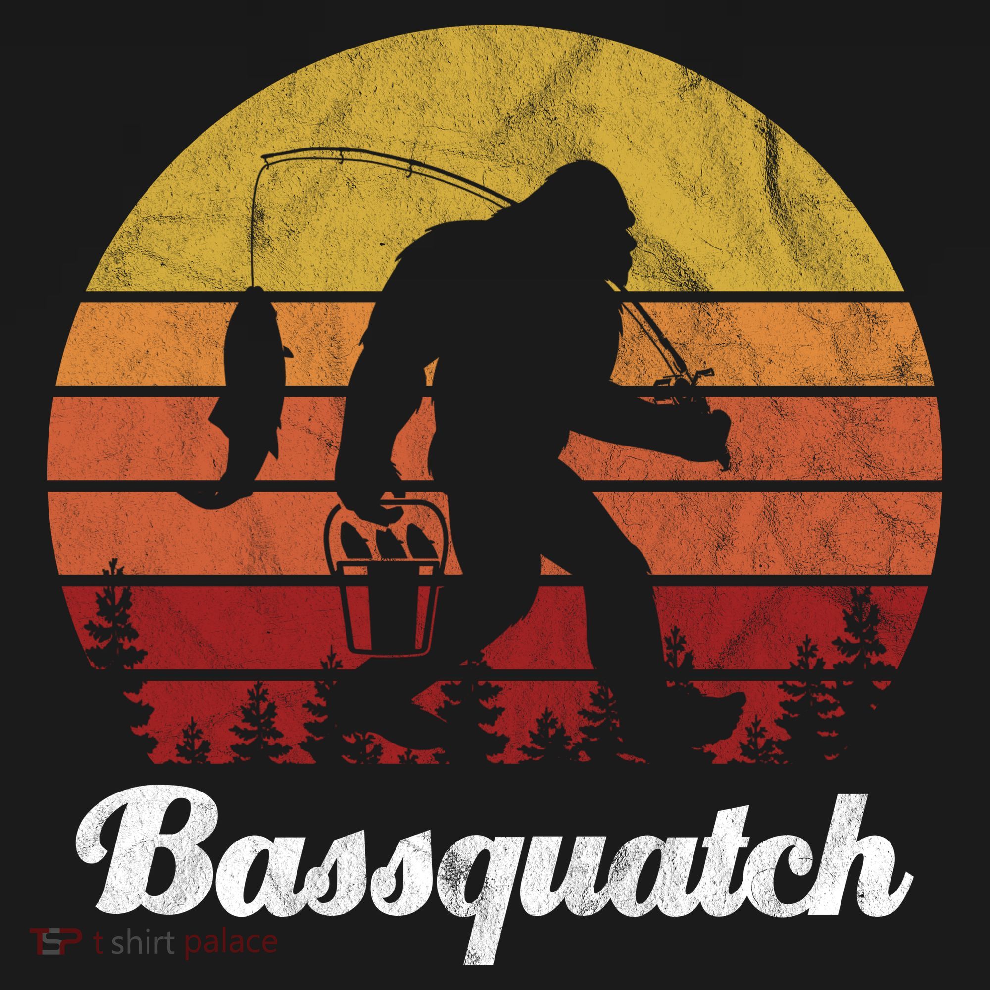 Bassquatch Bigfoot Fishing Outdoor Retro Sunset T-Shirt