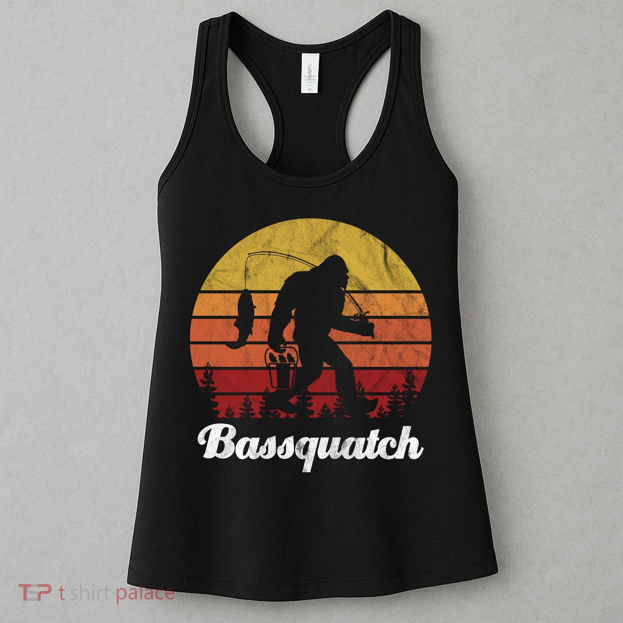 Bassquatch Bigfoot Fishing Outdoor Retro Sunset Women's Tank Top