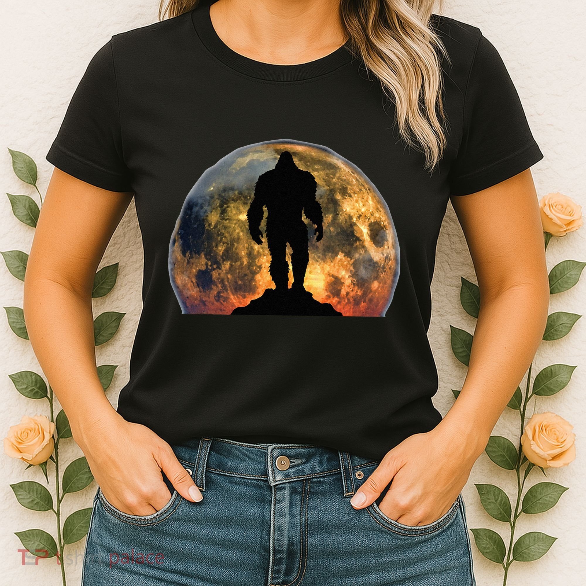 Bigfoot Believer Full Red Moon Night Sasquatch Women's T-Shirt