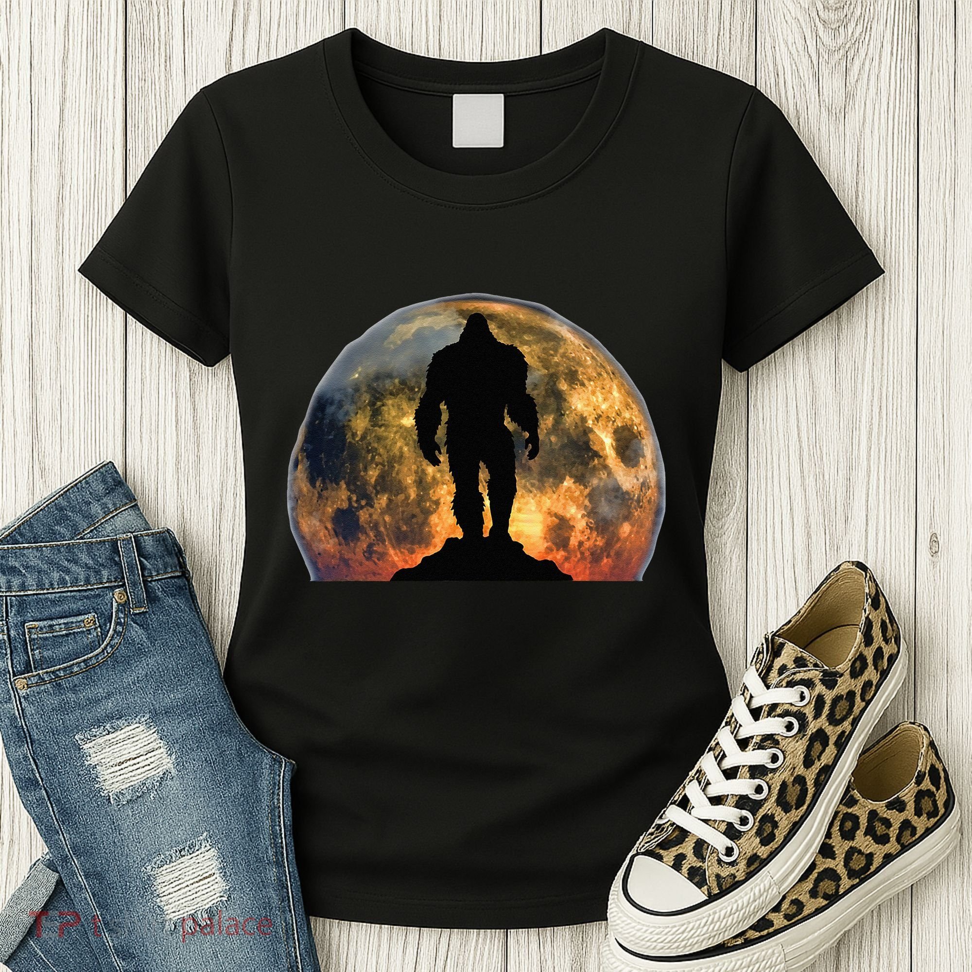 Bigfoot Believer Full Red Moon Night Sasquatch Women's T-Shirt