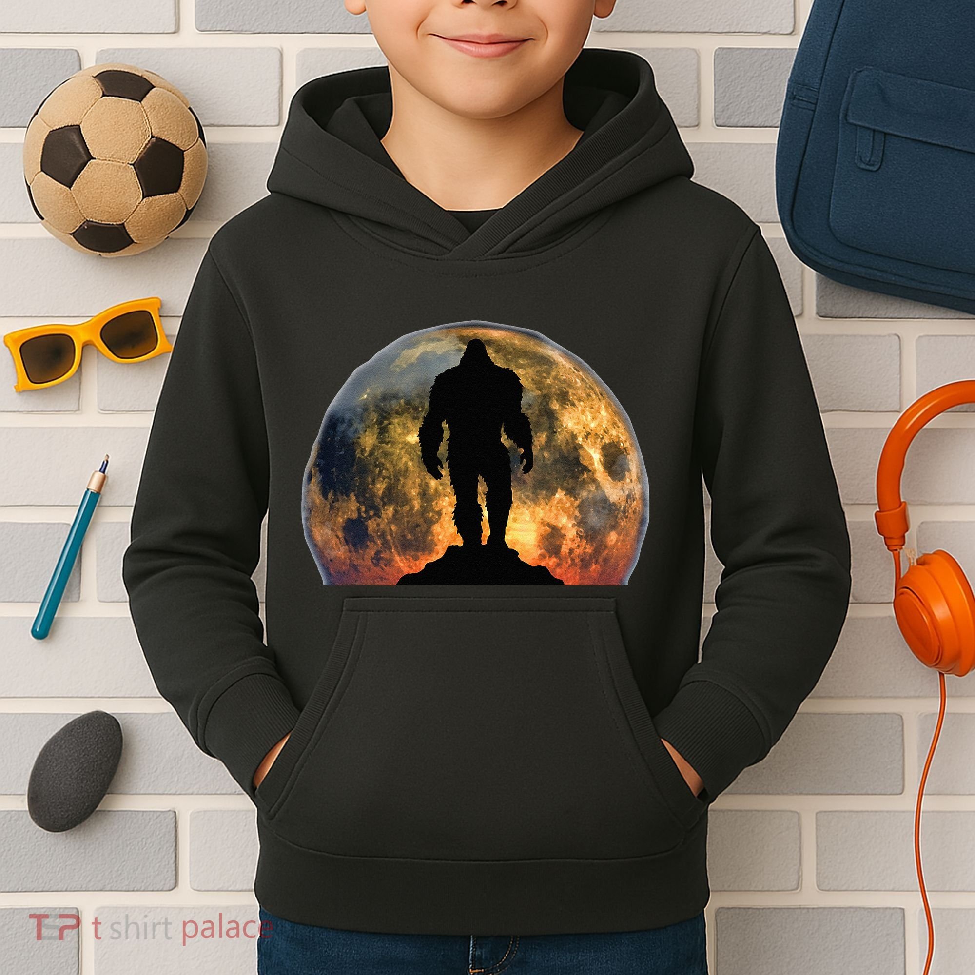 Bigfoot Believer Full Red Moon Night Sasquatch Kids Hoodie