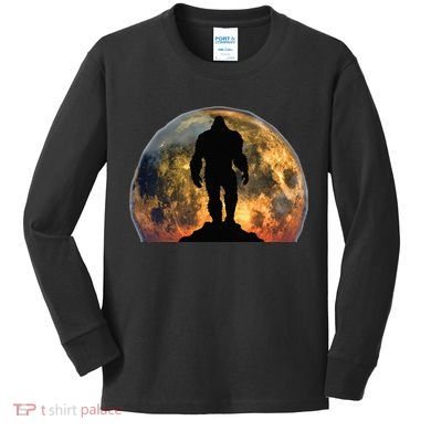 Bigfoot Believer Full Red Moon Night Sasquatch Kids Long Sleeve Shirt