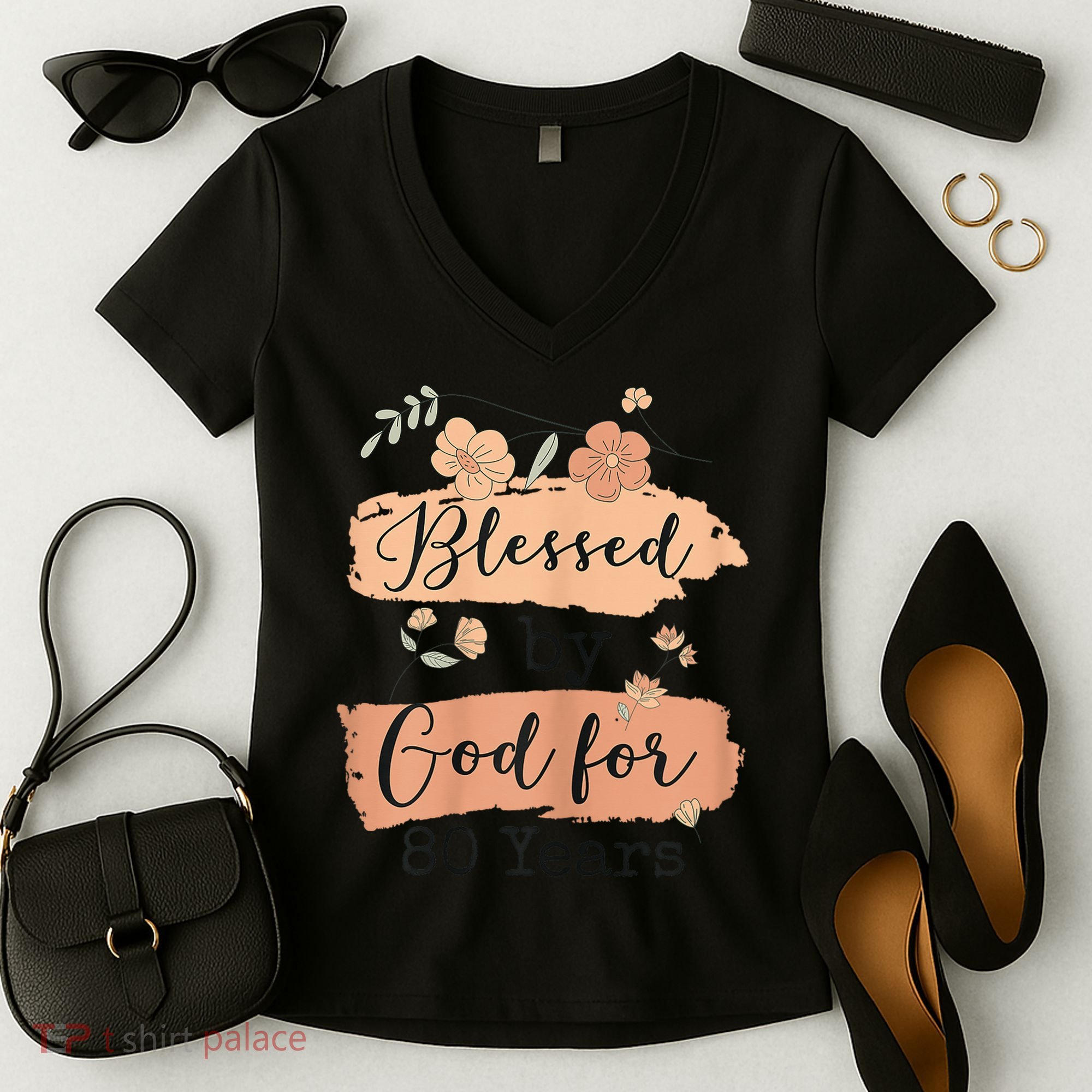 Blessed By God For 80 Years - 80 Years 80th Birthday Women's V-Neck T-Shirt