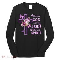 Blessed By God Saved By Jesus Purple Floral Cross Christian Long Sleeve Shirt thumb 0