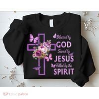 Blessed By God Saved By Jesus Purple Floral Cross Christian Sweatshirt thumb 2