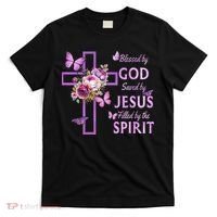 Blessed By God Saved By Jesus Purple Floral Cross Christian T-Shirt thumb 0